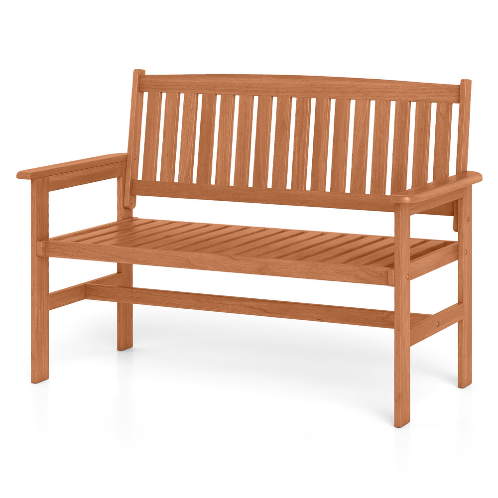 Curved seat design of the 2-person patio loveseat with slatted backrest, crafted from premium solid wood for comfort.