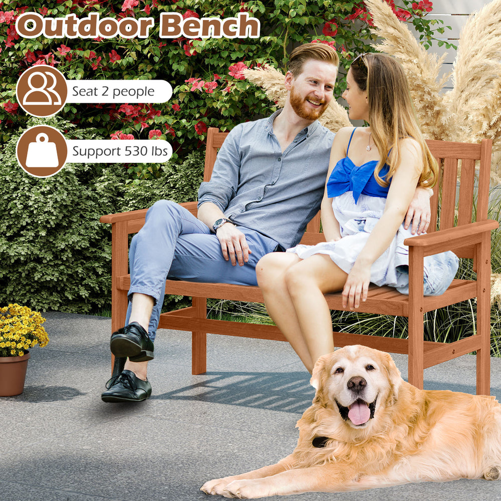 2-person patio loveseat with slatted backrest, solid wood, supports 530 lbs, ideal for outdoor relaxation.