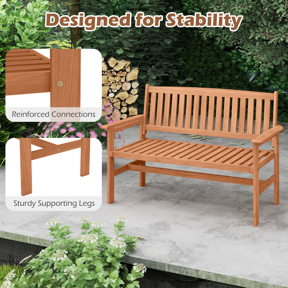 2-person patio loveseat with slatted backrest, made of solid wood, designed for comfort and stability in outdoor spaces.