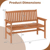 Dimensions of the 2-person patio loveseat with slatted backrest, made of premium solid wood for outdoor use.