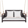 2-person patio rattan porch swing with cushions, sturdy hemp ropes, and a durable woven seat for backyard relaxation.