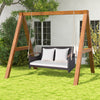 2-person patio rattan porch swing with cushions, sturdy wooden frame, perfect for backyard relaxation.