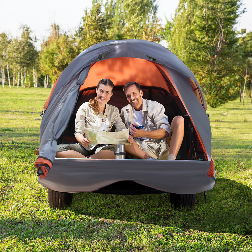 Two-person portable pickup tent with detachable cover, spacious interior, and waterproof material for outdoor.