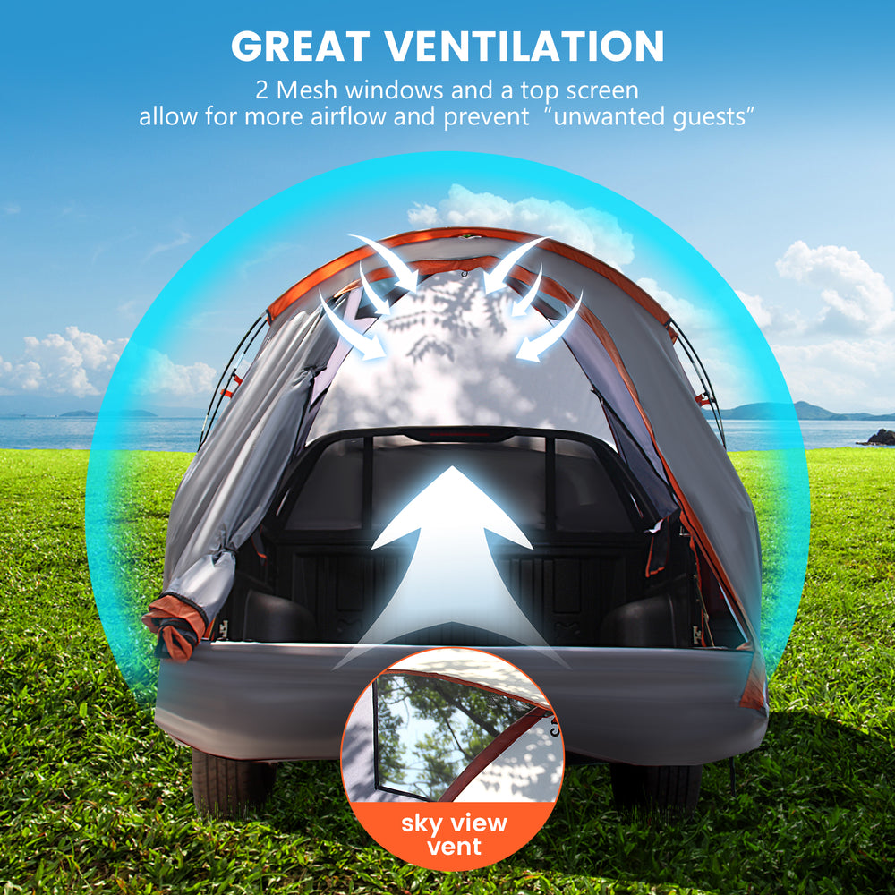 Portable pickup tent with mesh windows for ventilation, featuring a detachable top cover and waterproof 190T taffeta.