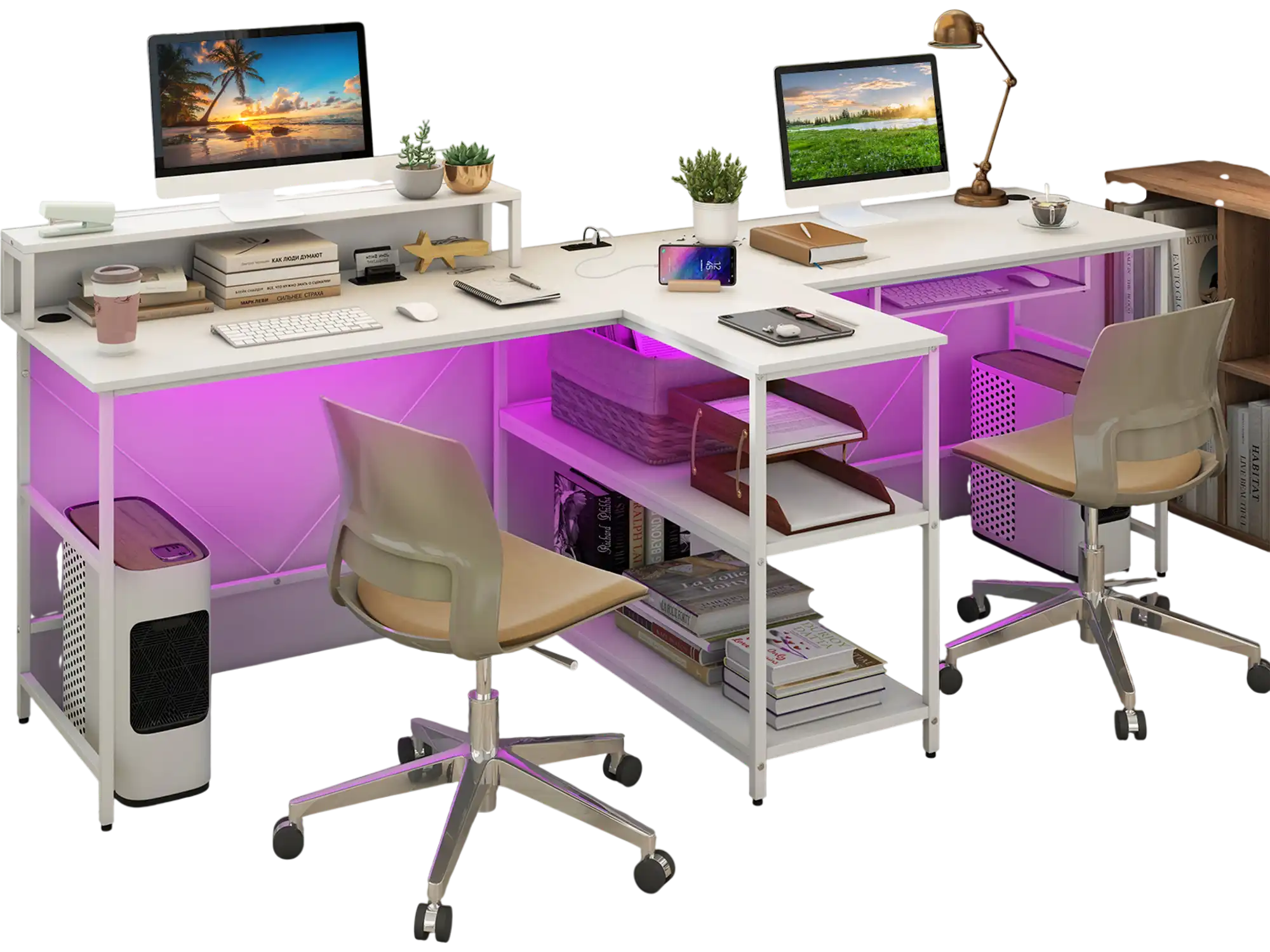 Costway 2-Person Reversible Computer Office Desk with LED Lights White 28534176 New