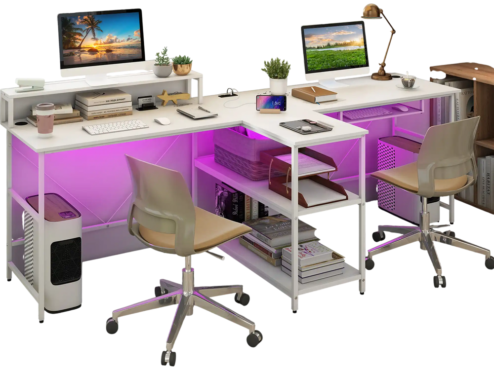 Reversible 2-person computer desk in white with LED lights, featuring ergonomic monitor stands and storage shelves.
