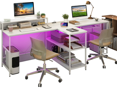 Costway 2-Person Reversible Computer Office Desk with LED Lights White 28534176 New