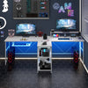 Reversible 2-person computer desk in white with LED lights, ergonomic monitor stand, and convenient charging station.