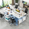 Reversible 2-person office desk in white with LED lights, ergonomic monitor stand, and storage shelves for organized.