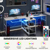 Reversible 2-person computer desk in white with LED lights, featuring adjustable brightness and ergonomic monitor stand.