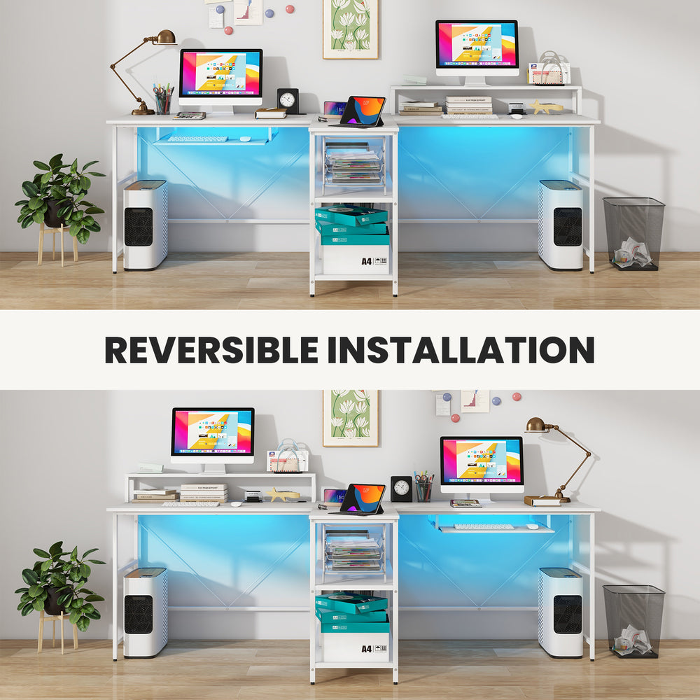 2-person reversible computer desk in white with LED lights, featuring ergonomic monitor stand and storage shelves for a.