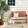 Solid wood patio bench with backrest and cushion, designed for two, perfect for backyard or balcony relaxation.