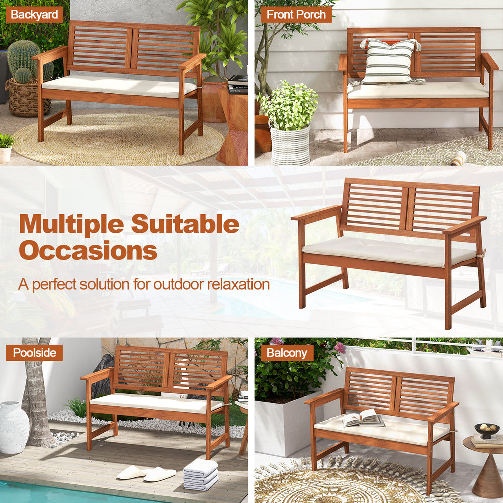 2-person solid wood patio bench with backrest and cushions, ideal for outdoor relaxation in backyard, balcony, or.