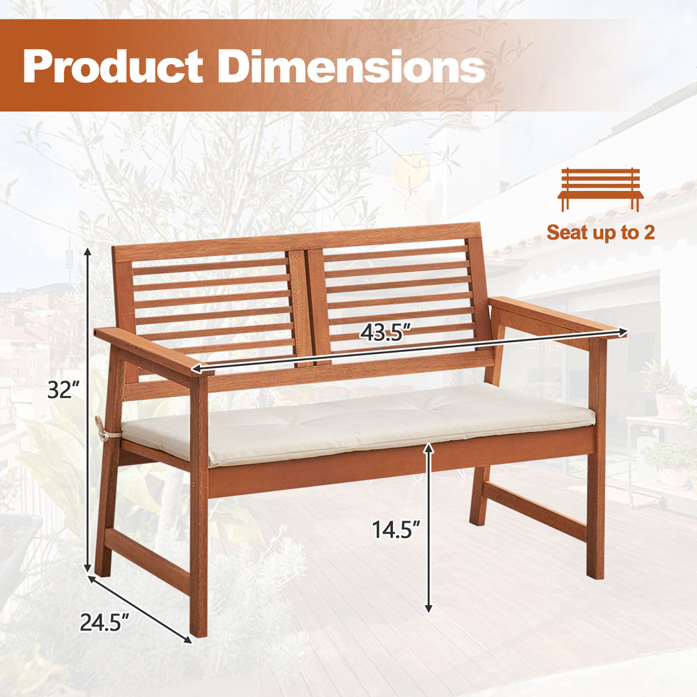 2-person solid wood patio bench with backrest and cushion, featuring dimensions and ergonomic design for backyard.
