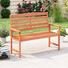 Two-person wooden garden bench with slatted backrest and armrests, perfect for patio or backyard relaxation.