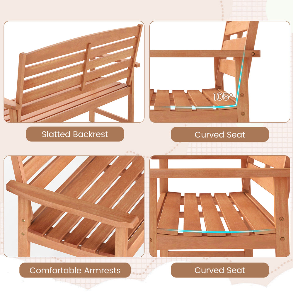 Close-up of the 2-person wooden garden bench highlighting the slatted backrest, curved seat, and comfortable armrests.