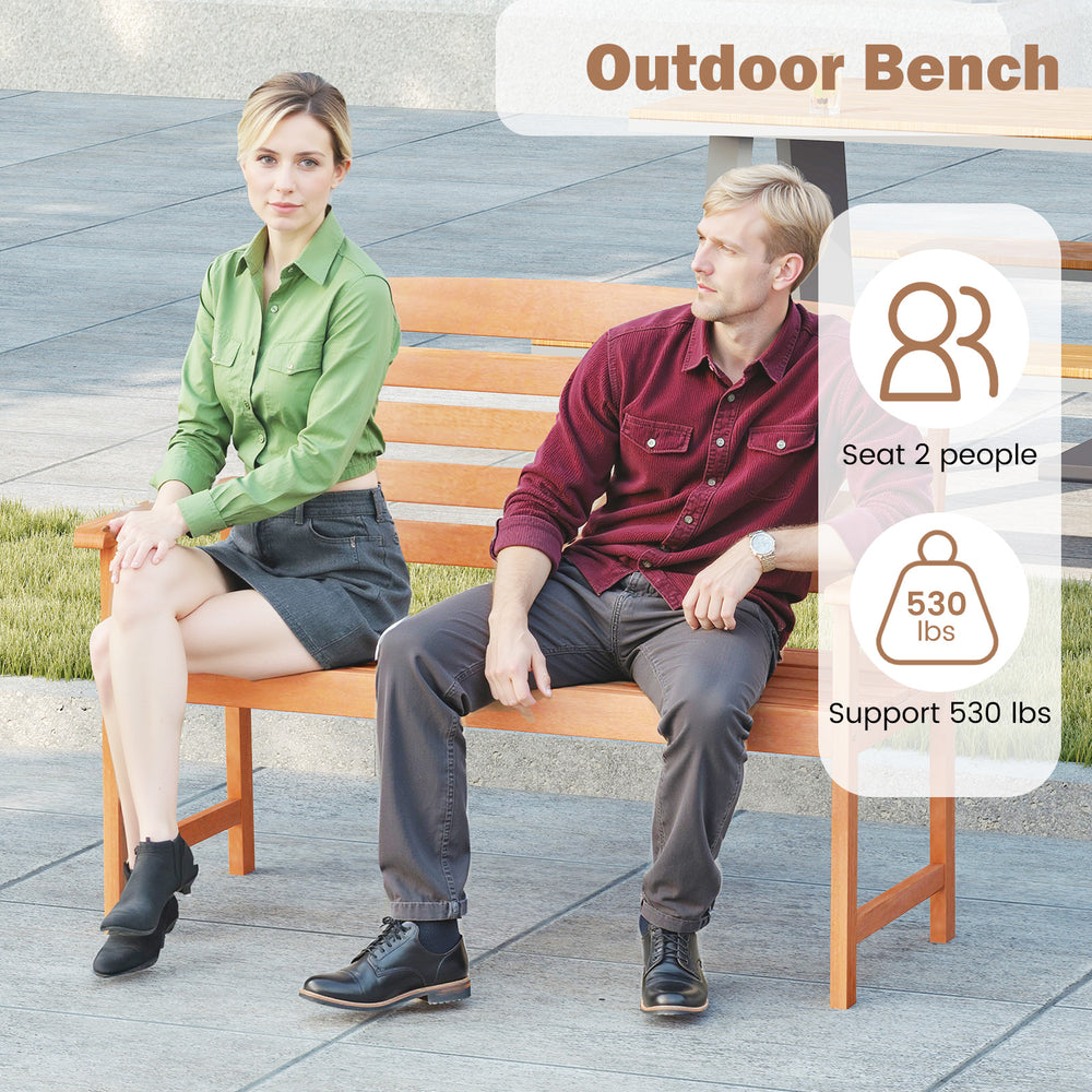 2-person wooden garden bench with slatted backrest, supporting 530 lbs, ideal for patio or backyard use.