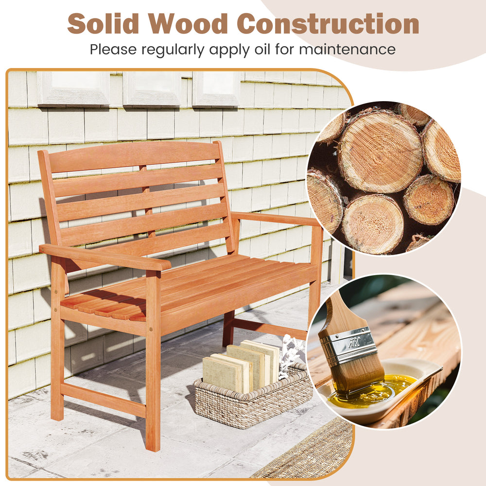 2-person wooden garden bench with slatted backrest, solid wood construction, ideal for patio or backyard use.