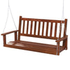 2-person wooden outdoor porch swing in brown with slatted surface, inclined backrest, and sturdy chains for comfortable.