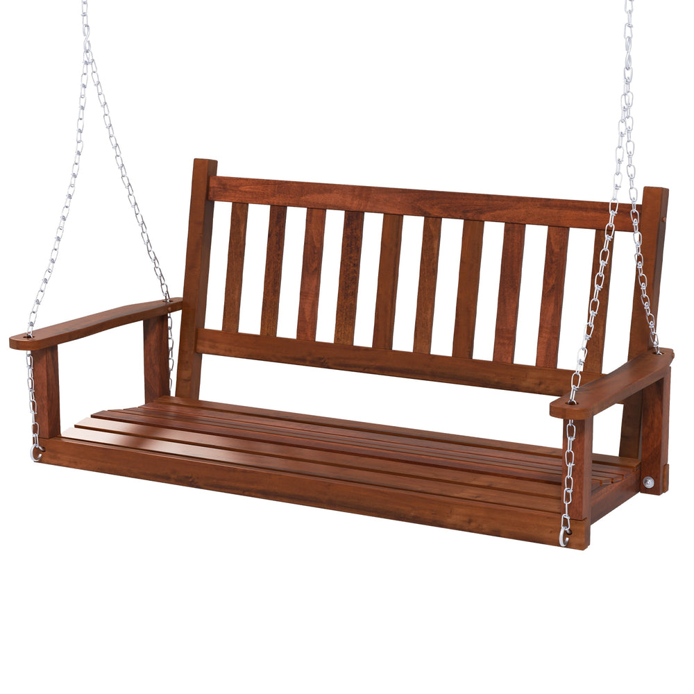 2-person wooden outdoor porch swing in brown with slatted surface, inclined backrest, and sturdy chains for comfortable.