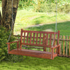 Two-person wooden outdoor porch swing in brown with slatted surface, ideal for gardens and backyards.