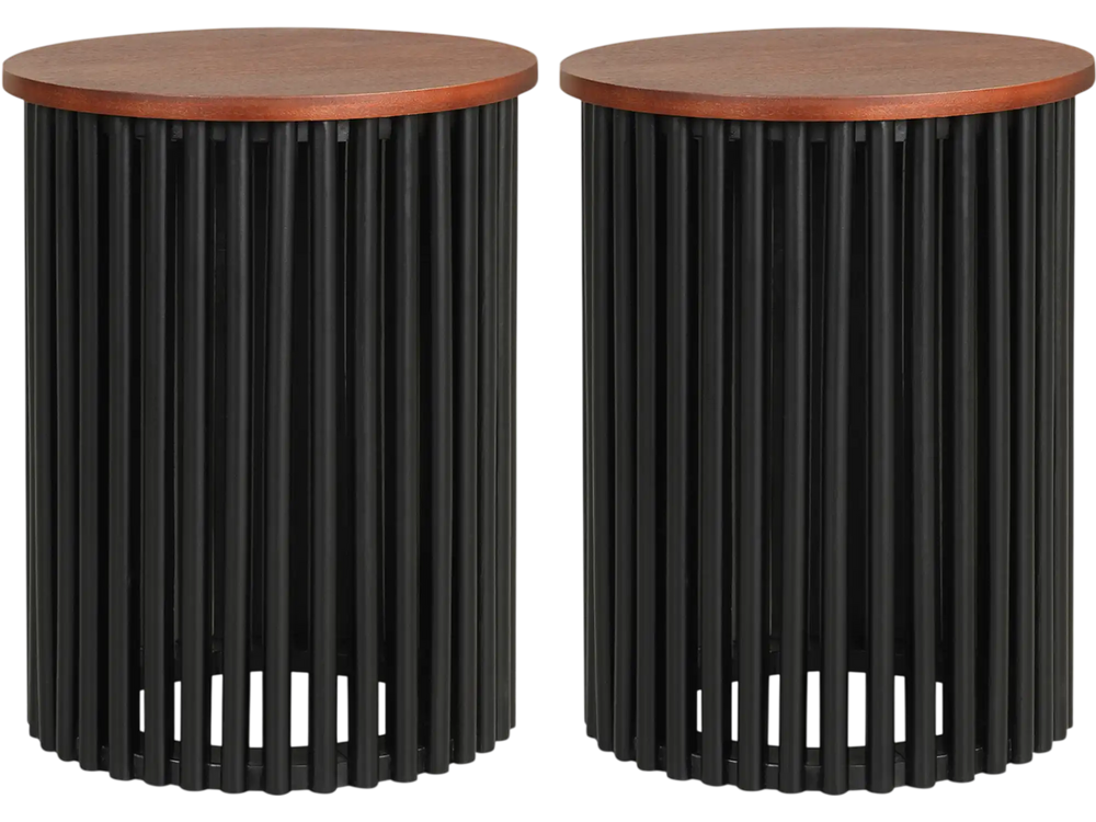Pair of elegant round coffee tables with solid acacia wood tops and black wooden legs, ideal for stylish living room decor.