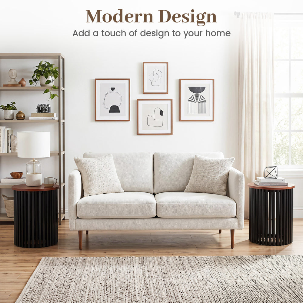 Elegant round acacia wood coffee table in walnut finish, featuring a modern design for living room and home office use.