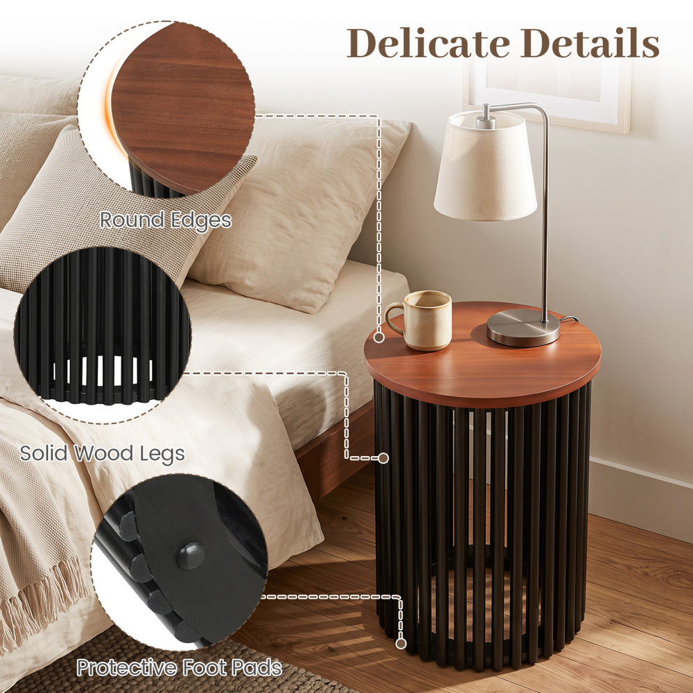 Elegant round coffee table made of solid acacia wood with round edges and protective foot pads for living room use.