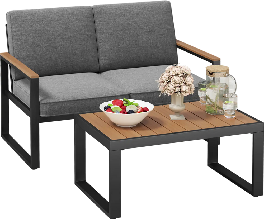 Gray 2-piece patio aluminum furniture set with wood-plastic armrests, featuring a loveseat and coffee table for outdoor.