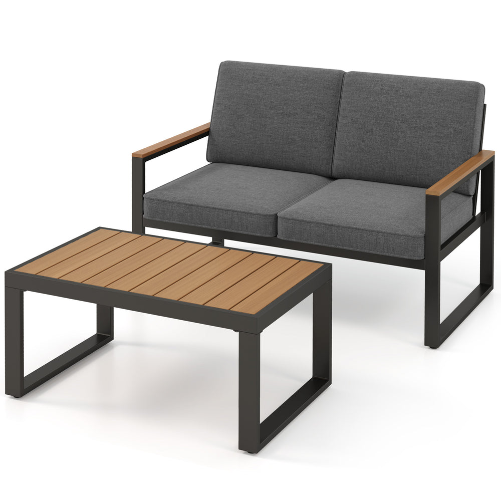 Gray 2-piece patio furniture set featuring an aluminum loveseat with wood-plastic armrests and a matching coffee table.