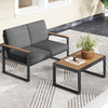 Gray 2-piece patio furniture set with aluminum frame, wood-plastic armrests, and tabletop, ideal for outdoor relaxation.