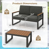 Dimensions of the gray 2-piece patio aluminum furniture set with wood-plastic armrests and tabletop, ideal for outdoor.