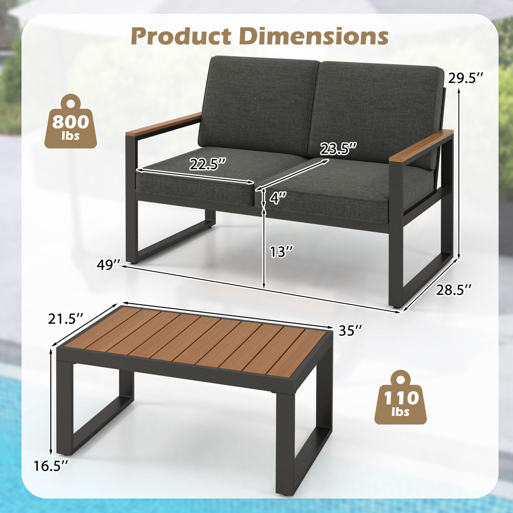 Dimensions of the gray 2-piece patio aluminum furniture set with wood-plastic armrests and tabletop, ideal for outdoor.
