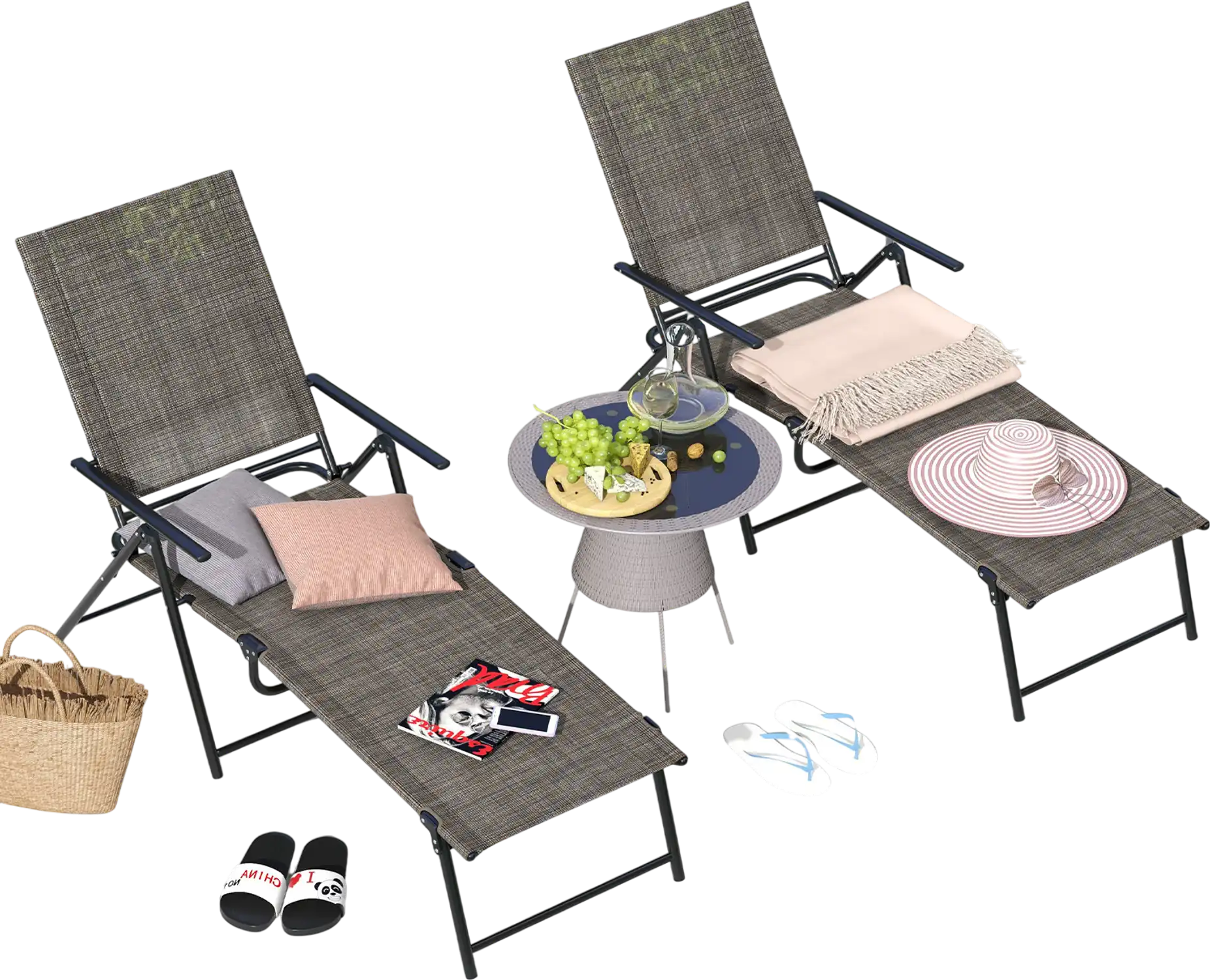 Costway 2-Piece Patio Folding Chaise Lounge Recliner Chairs 6-Level Backrest 52618473 New