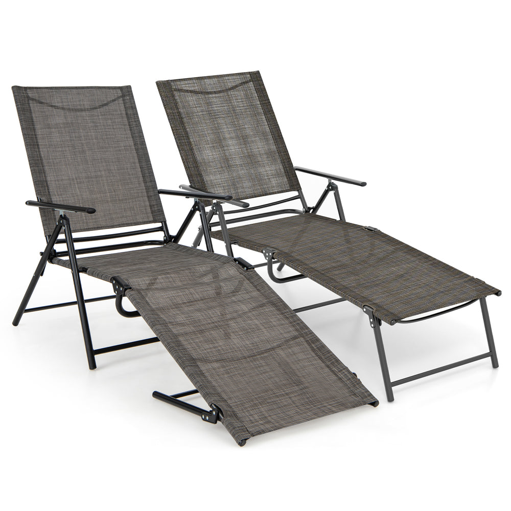 Two-piece coffee patio folding chaise lounge chairs with adjustable backrests, perfect for backyard or poolside.