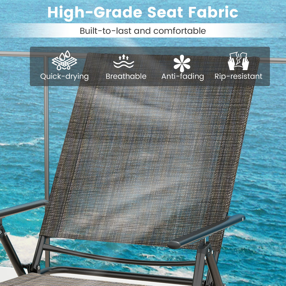Close-up of the coffee-colored seat fabric on a patio folding chaise lounge chair, featuring breathable and.