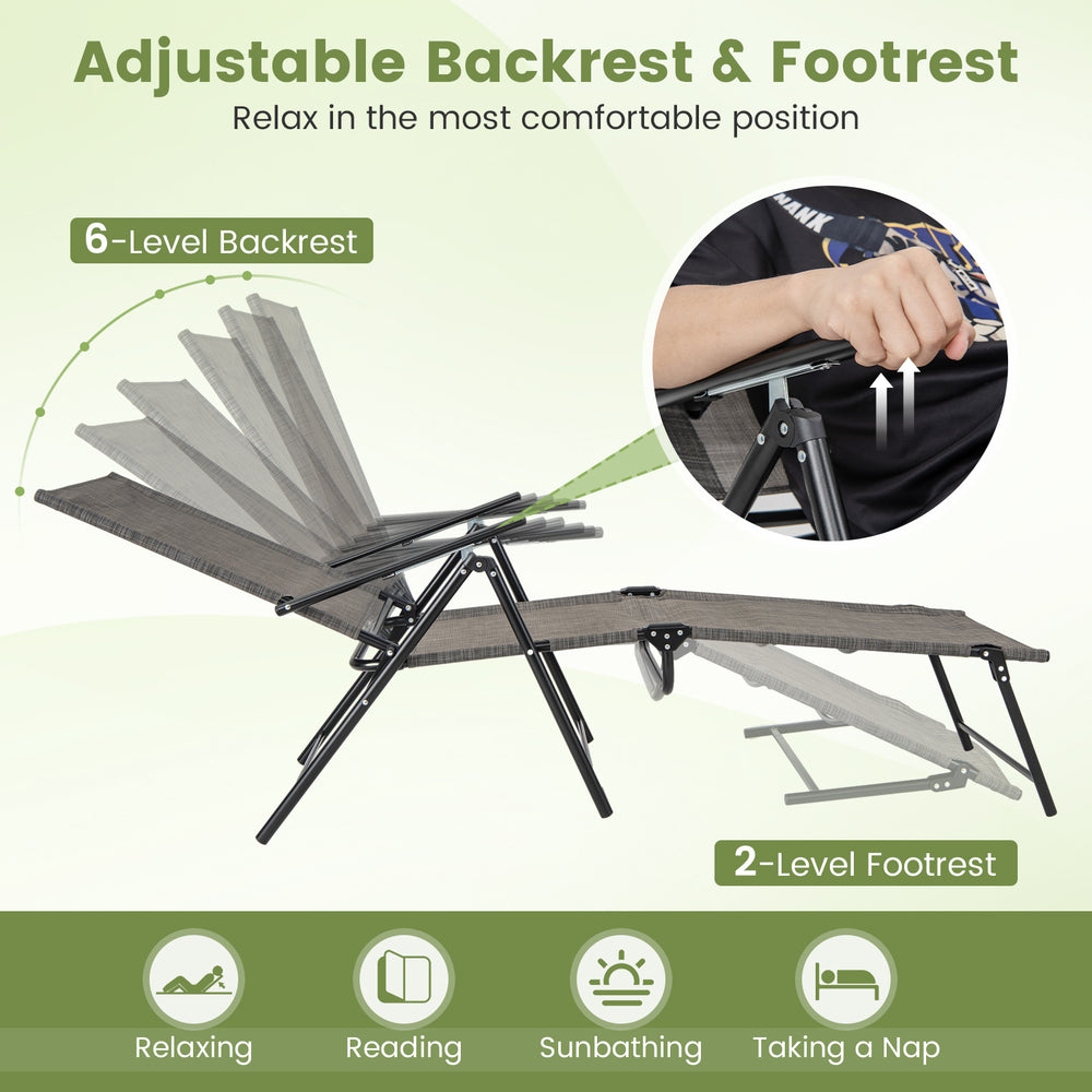 Adjustable 2-piece patio folding chaise lounge chairs with 6-level backrest and coffee color, perfect for backyard.