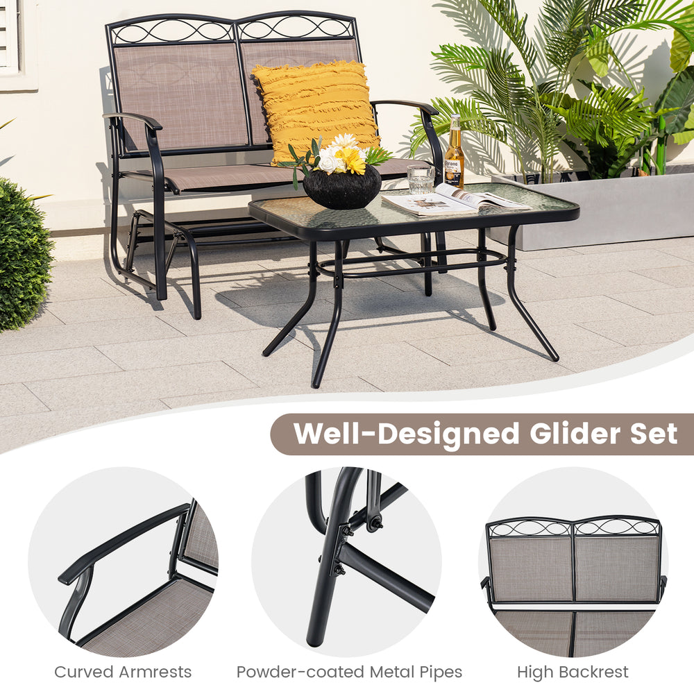 Outdoor gliding loveseat chair with high backrest and tempered glass coffee table, perfect for backyard relaxation.