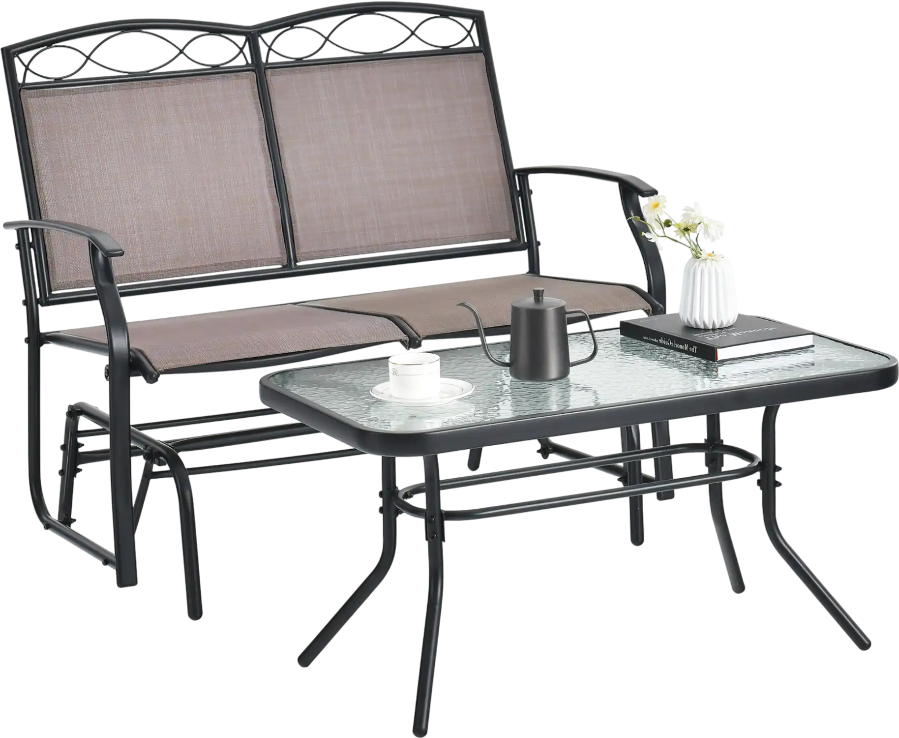 Costway Outdoor Metal Gliding Loveseat & Glass Coffee Table Patio Furniture Set 73841956 New