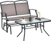 Outdoor gliding loveseat chair with tempered glass coffee table, featuring a stable base and ergonomic design for.