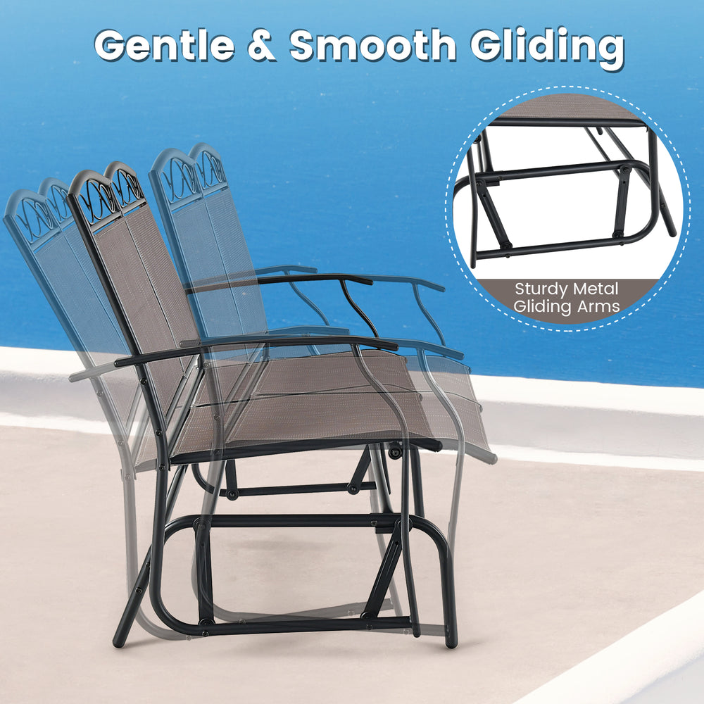 Outdoor gliding loveseat chair with ergonomic design and sturdy metal frame, perfect for backyard or poolside.