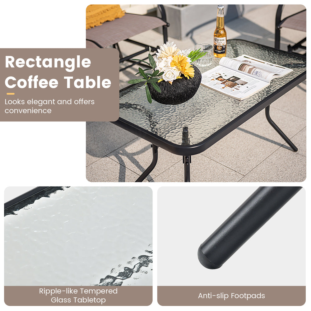 Rectangle coffee table with ripple-like tempered glass tabletop and anti-slip footpads, perfect for outdoor relaxation.