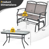 Dimensions of the outdoor gliding loveseat chair and tempered glass coffee table, showcasing weight capacities and size.