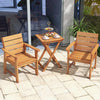 Two slatted hardwood patio chairs with inclined backrests and a small table, perfect for outdoor relaxation.