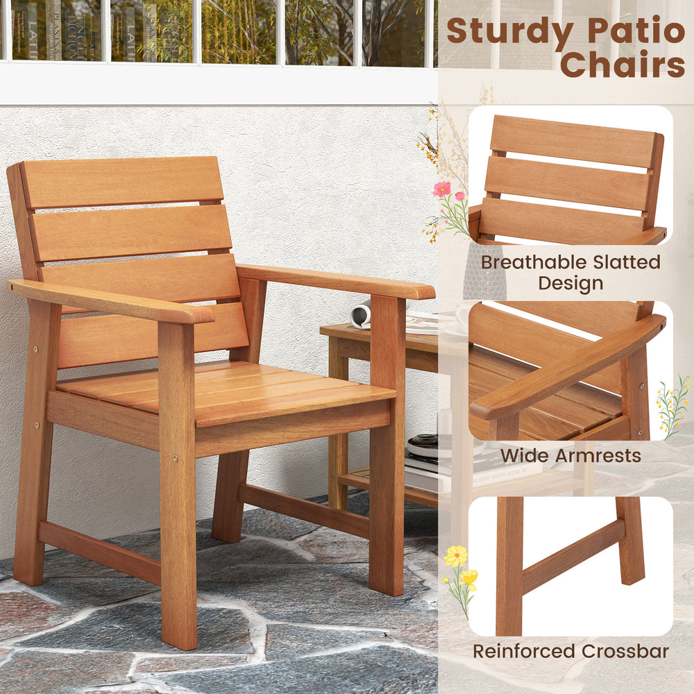 Sturdy hardwood patio chair with slatted seat, wide armrests, and inclined backrest for outdoor comfort and relaxation.