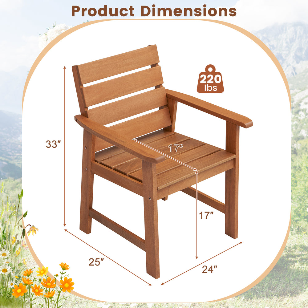 Patio hardwood chair with slatted seat, 102° inclined backrest, and wide armrests, ideal for outdoor relaxation.