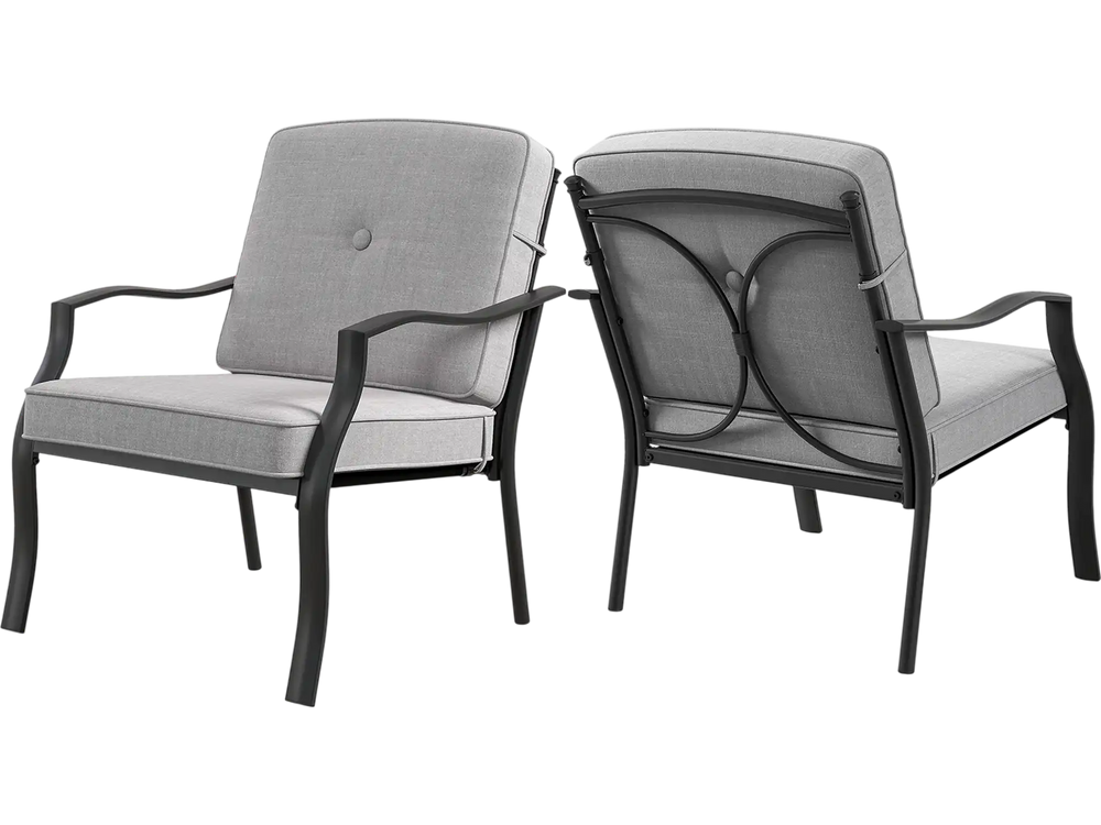 Two-piece patio metal chairs with soft cushions, featuring a durable frame and ergonomic design for backyard relaxation.