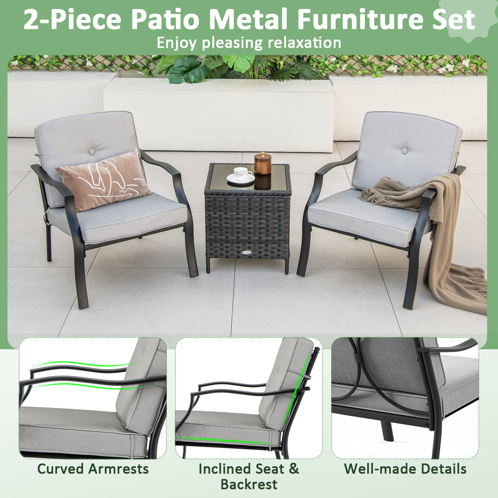 2-piece patio metal chairs with soft cushions, ergonomic design, ideal for backyard relaxation and comfort.