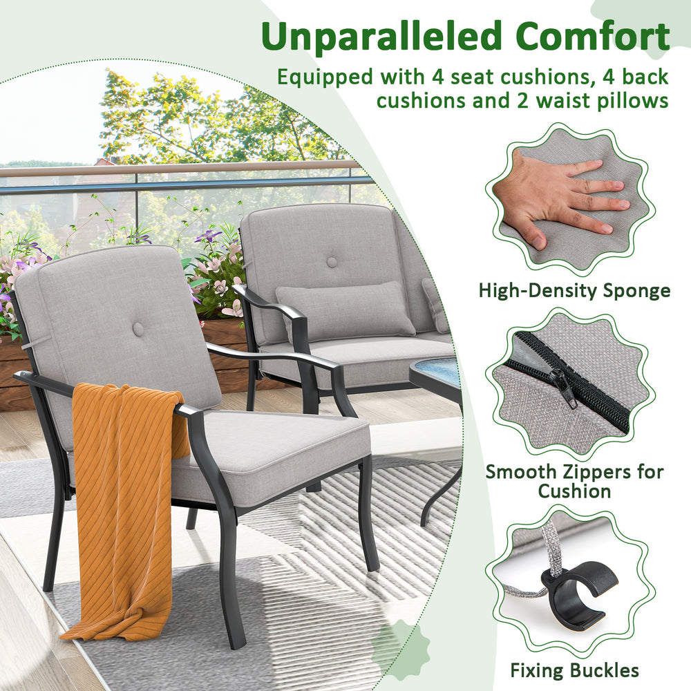 Two-piece patio metal chairs with soft cushions, featuring a durable frame and fixing buckles for backyard comfort.
