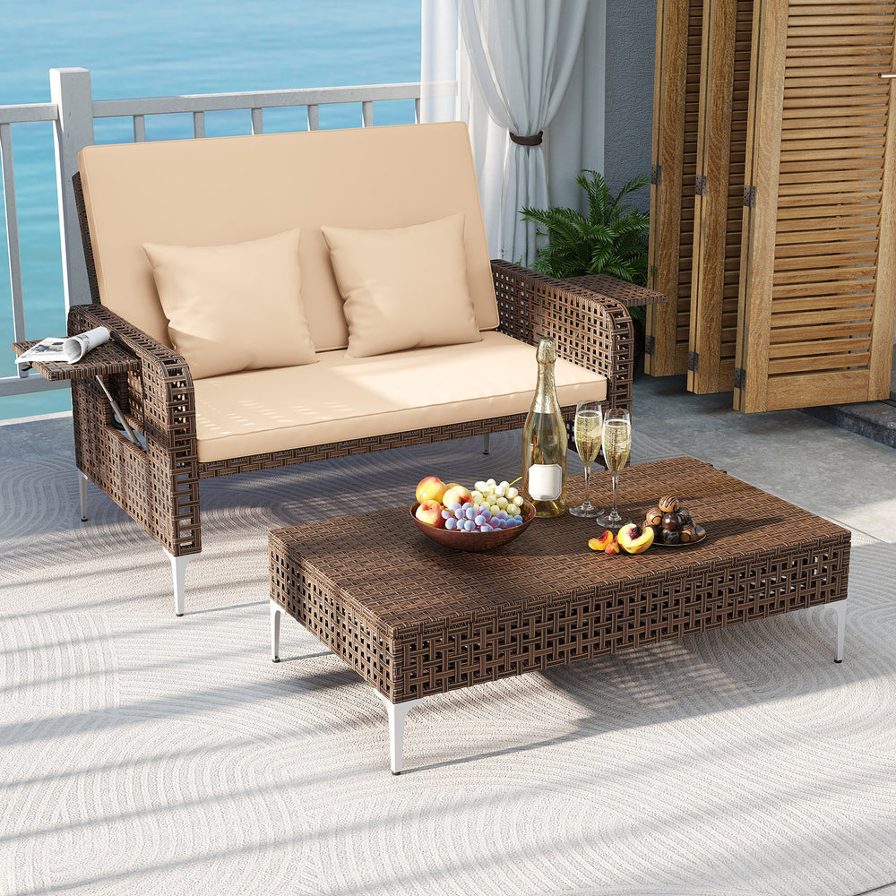 2 Piece Patio Rattan Daybed Wicker Loveseat and Ottoman with Adjustable Backrest-Brown - Gallery View 1 of 11